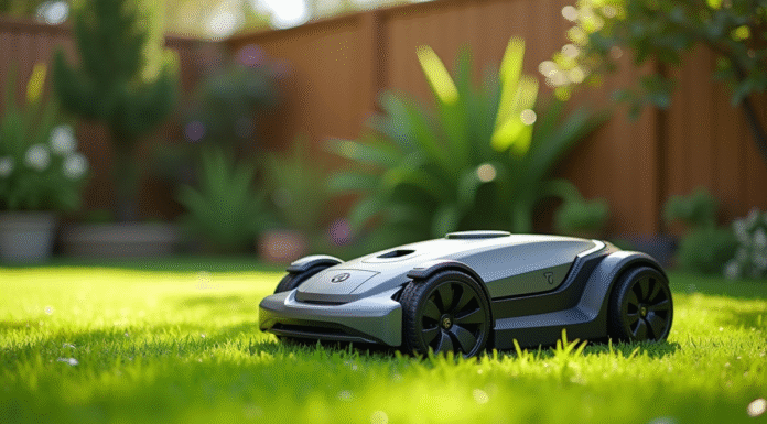 Tondeuse robotique dans un jardin bien entretenu en plein jour