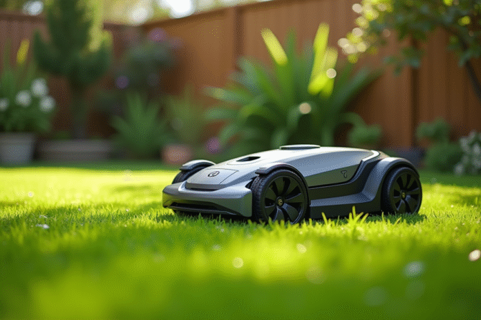 Tondeuse robotique dans un jardin bien entretenu en plein jour
