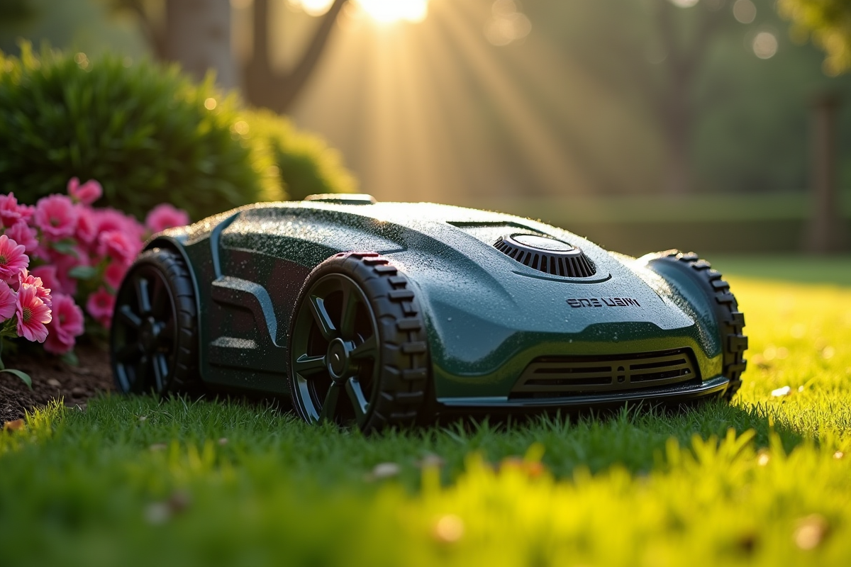 Tondeuse robotique couverte de rosée au matin dans le jardin
