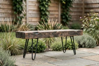 Banc design fabriqué à partir d'une traverse de chemin de fer récupérée, posé sur une terrasse en pierre naturelle dans un jardin contemporain