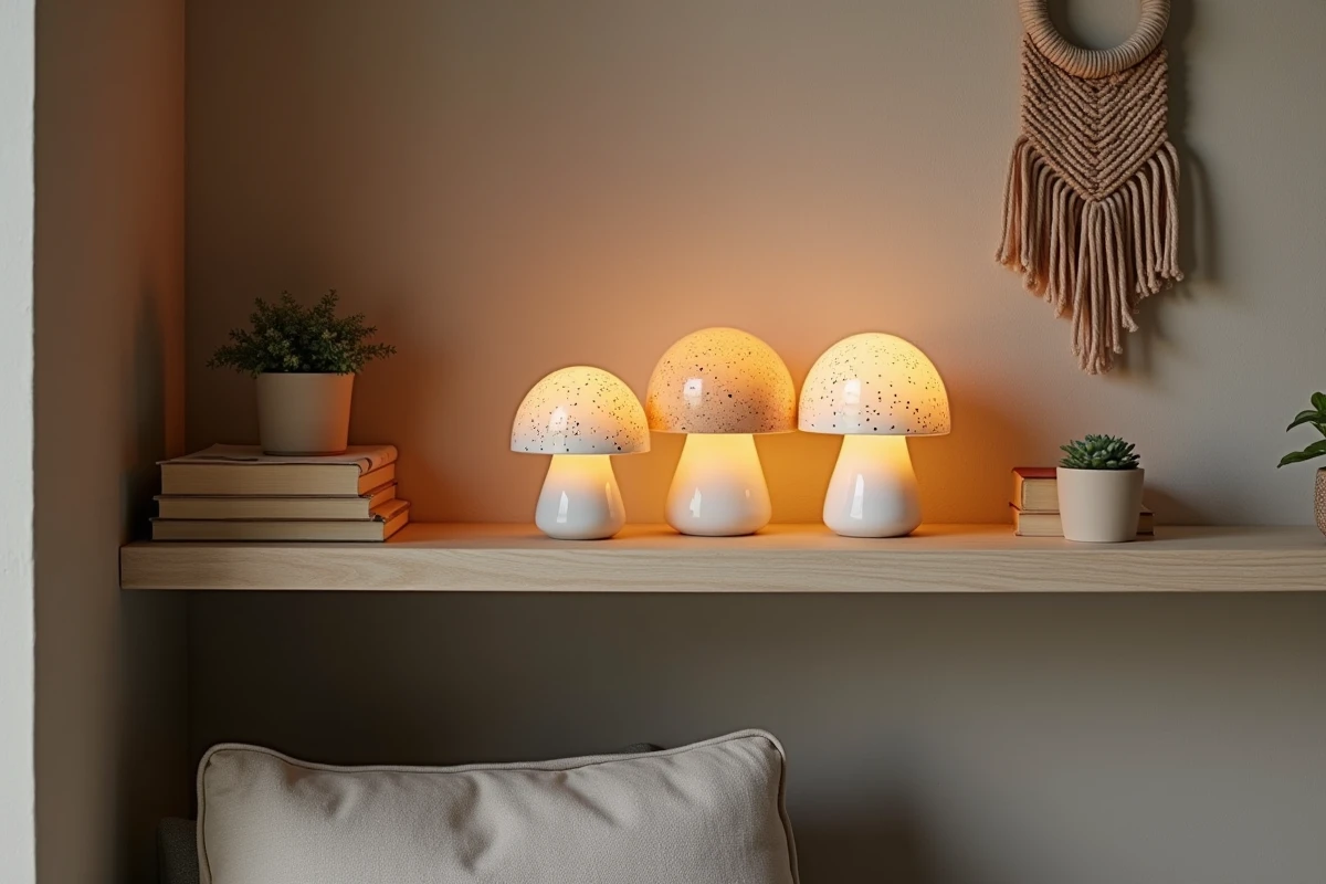 Trio de lampes champignons en céramique sur une étagère murale dans un coin lecture cosy avec fauteuil en lin et plantes succulentes
