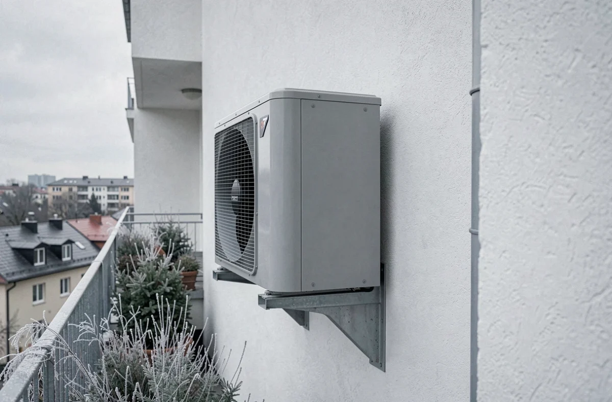 Unité extérieure d'une pompe à chaleur air/air fixée sur la façade d'un immeuble résidentiel