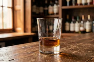 Verre à whiskey en verre épais posé sur un comptoir de bar en bois rustique avec du whisky ambré à l'intérieur