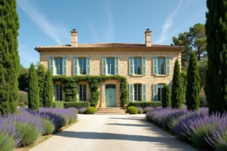 Villa de luxe en Provence avec façade en pierre naturelle, toiture en tuiles terracotta et jardin de lavande, représentant l'immobilier haut de gamme en France