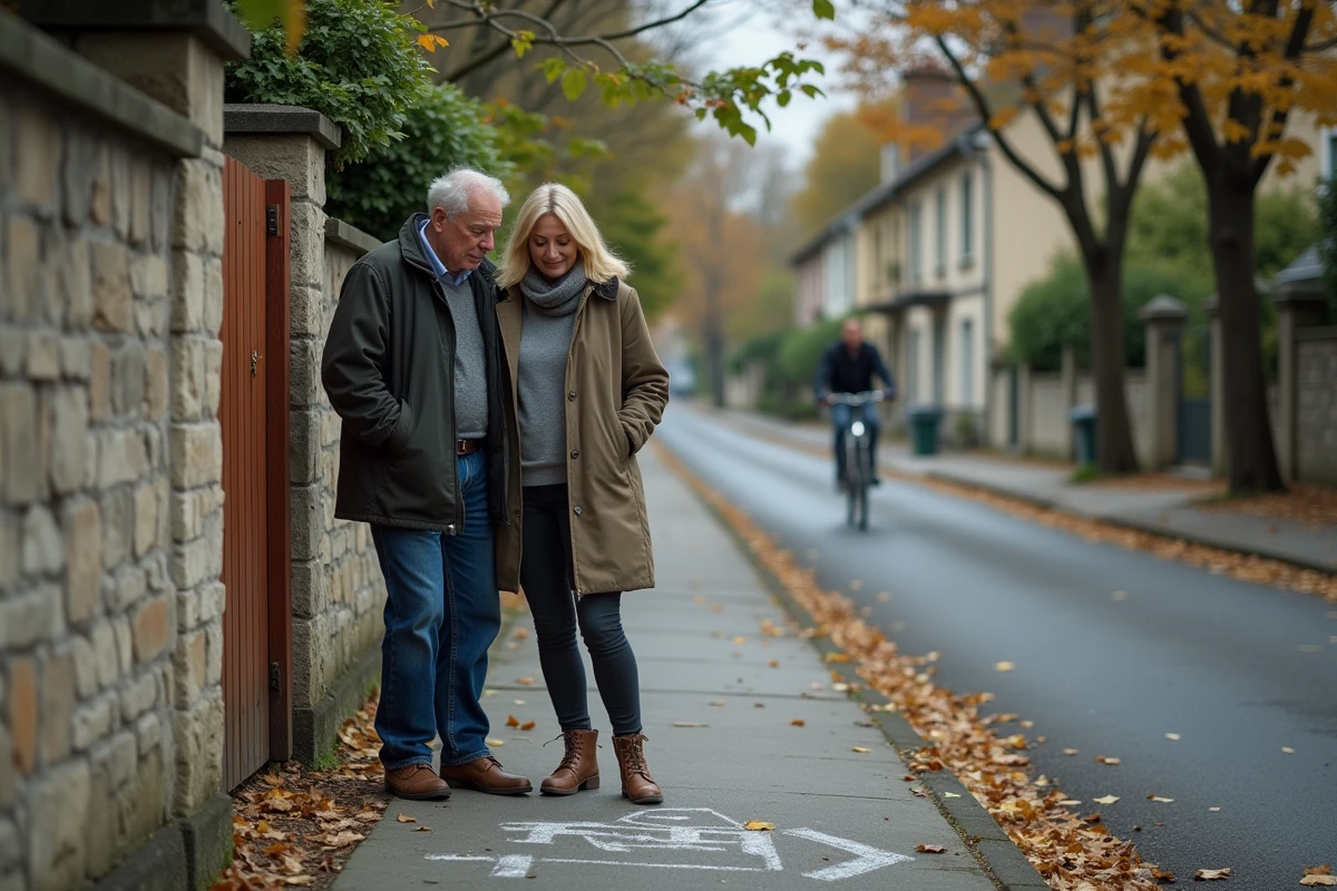 Deux voisins observant des marques de cailloux et craie suspectes sur le trottoir et le mur d'un jardin dans une rue résidentielle