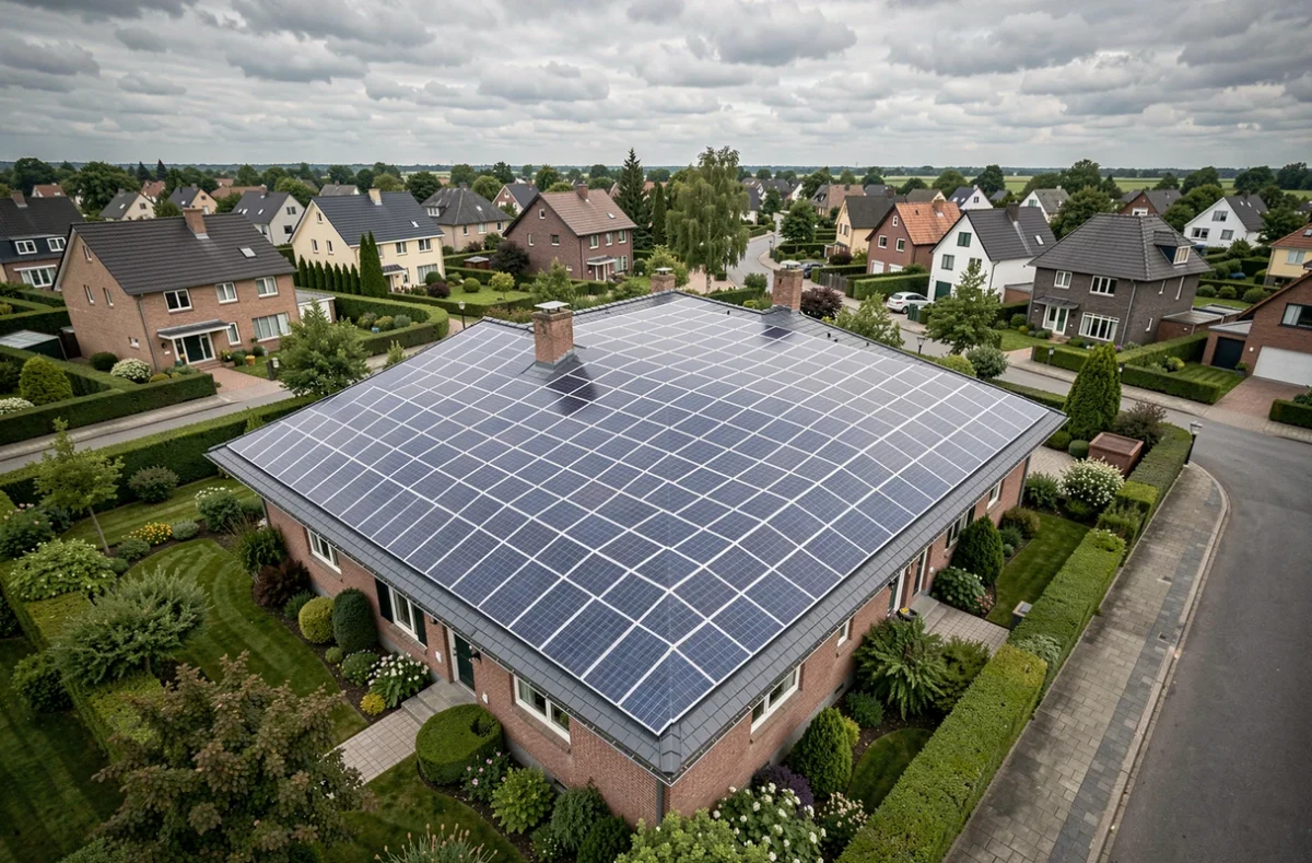 Vue aérienne d'une maison résidentielle avec 100 m2 de panneaux solaires couvrant le toit