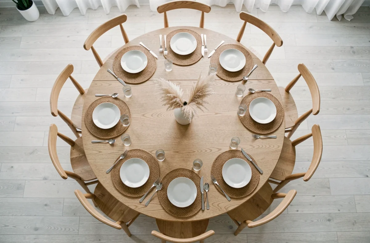 Vue aérienne d'une table ronde en chêne clair d'environ 180 cm de diamètre dressée pour 10 personnes avec vaisselle en grès blanc dans un intérieur scandinave