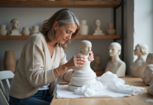 Emballage de sculptures fragiles : techniques et astuces pour protéger vos œuvres d’art Femme emballant une sculpture en céramique avec soin