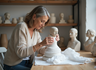 Emballage de sculptures fragiles : techniques et astuces pour protéger vos œuvres d’art Femme emballant une sculpture en céramique avec soin