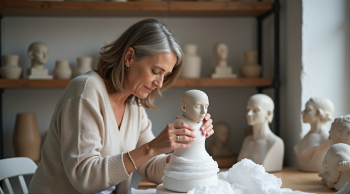 Femme emballant une sculpture en céramique avec soin