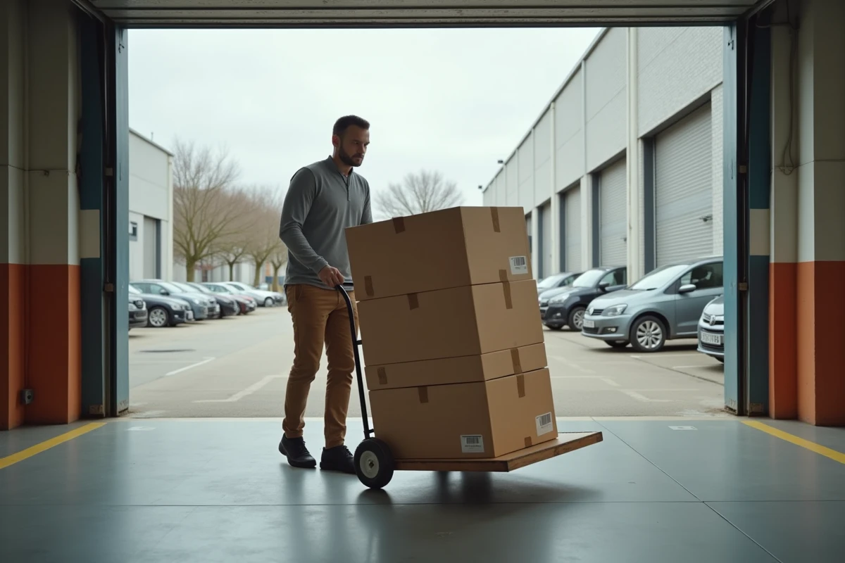 Homme récupérant des cartons de meubles en kit dans la zone de retrait marchandises d'un magasin Alinea
